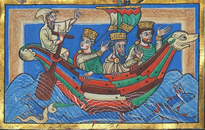 medieval king traveling by boat