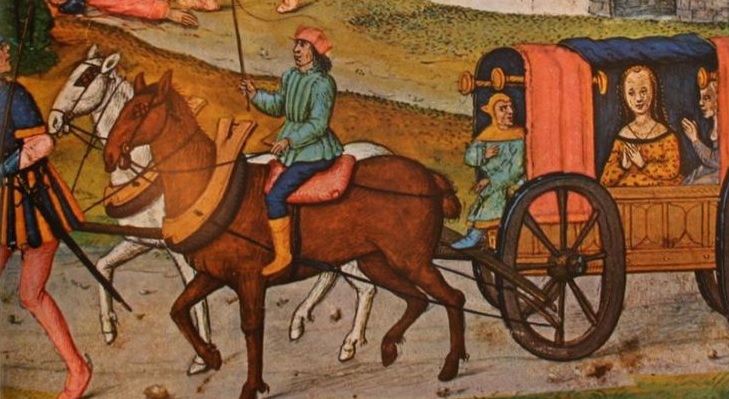 medieval king and royalty traveling in a carriage
