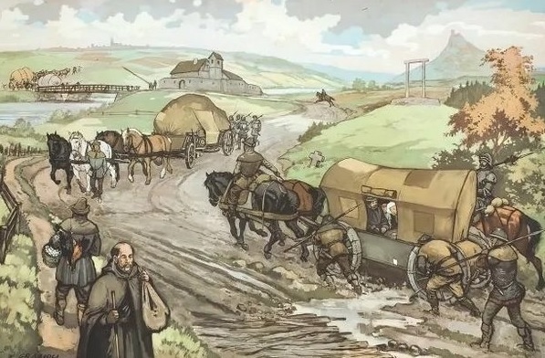 merchants pushing a caravan