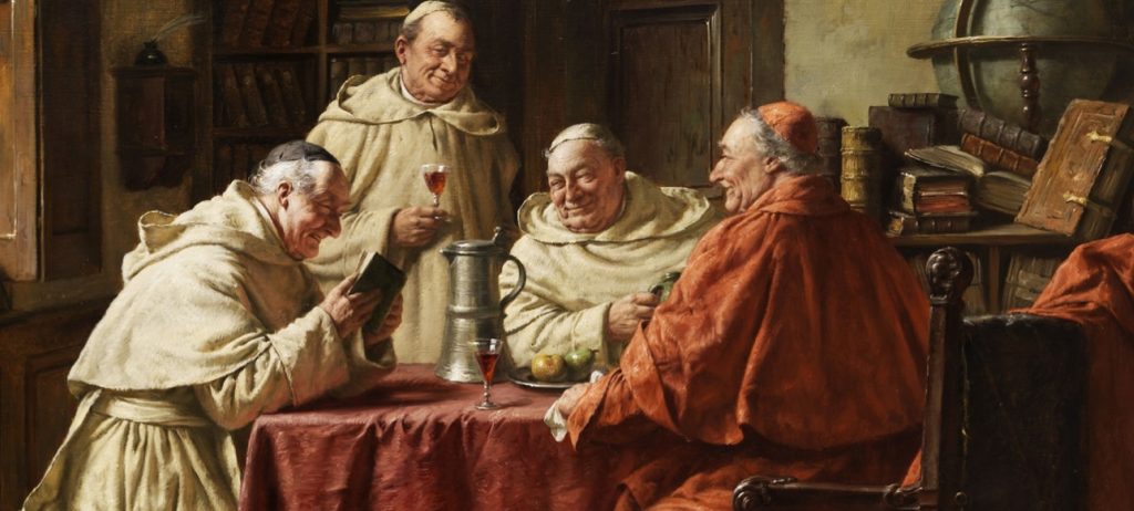 four medieval priest eating