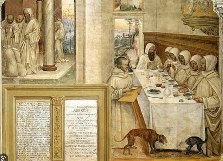 group of medieval priests eating